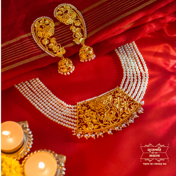 Premium Gold Plated Kumodini Pearl Necklace with Full Kaan Earrings