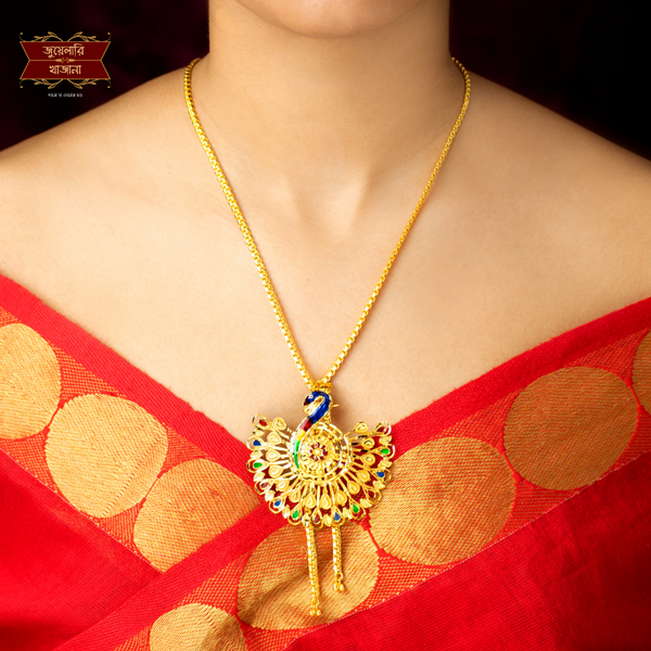 Stylish Gold Plated Minakari Peacock Tie Chain with Earrings image 0