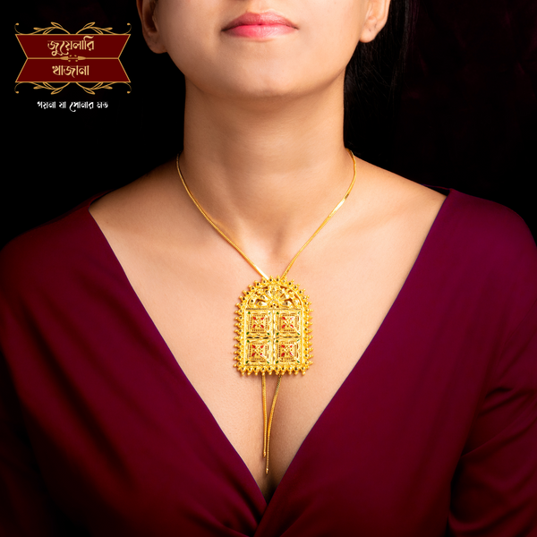 Gold Plated Premium Sabeki Door Pattern Tie Chain with Earrings image 0