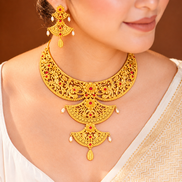Premium Gold Plated Jahnavi Necklace with Earrings