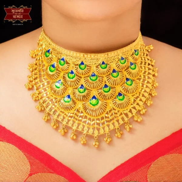 Premium Gold Plated Peacock Feather Cuff Choker with Earrings