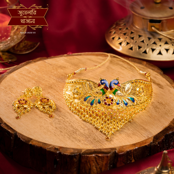 Premium Gold Plated Peacock Cuff Choker with Earrings image 1