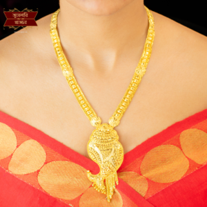 Model wearing a Traditional Bengali Design Gold Plated Shankho Pendant Sitahar, showcasing intricate Shankho motif and luxurious gold plating.