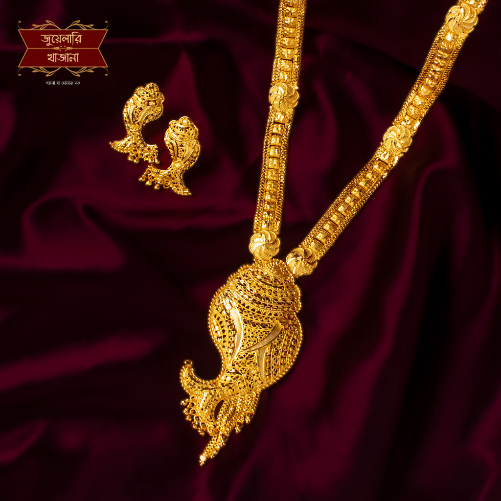 Traditional Bengali Design Gold Plated Shankho Pendant Sitahar with matching earrings, displayed on a rich maroon background